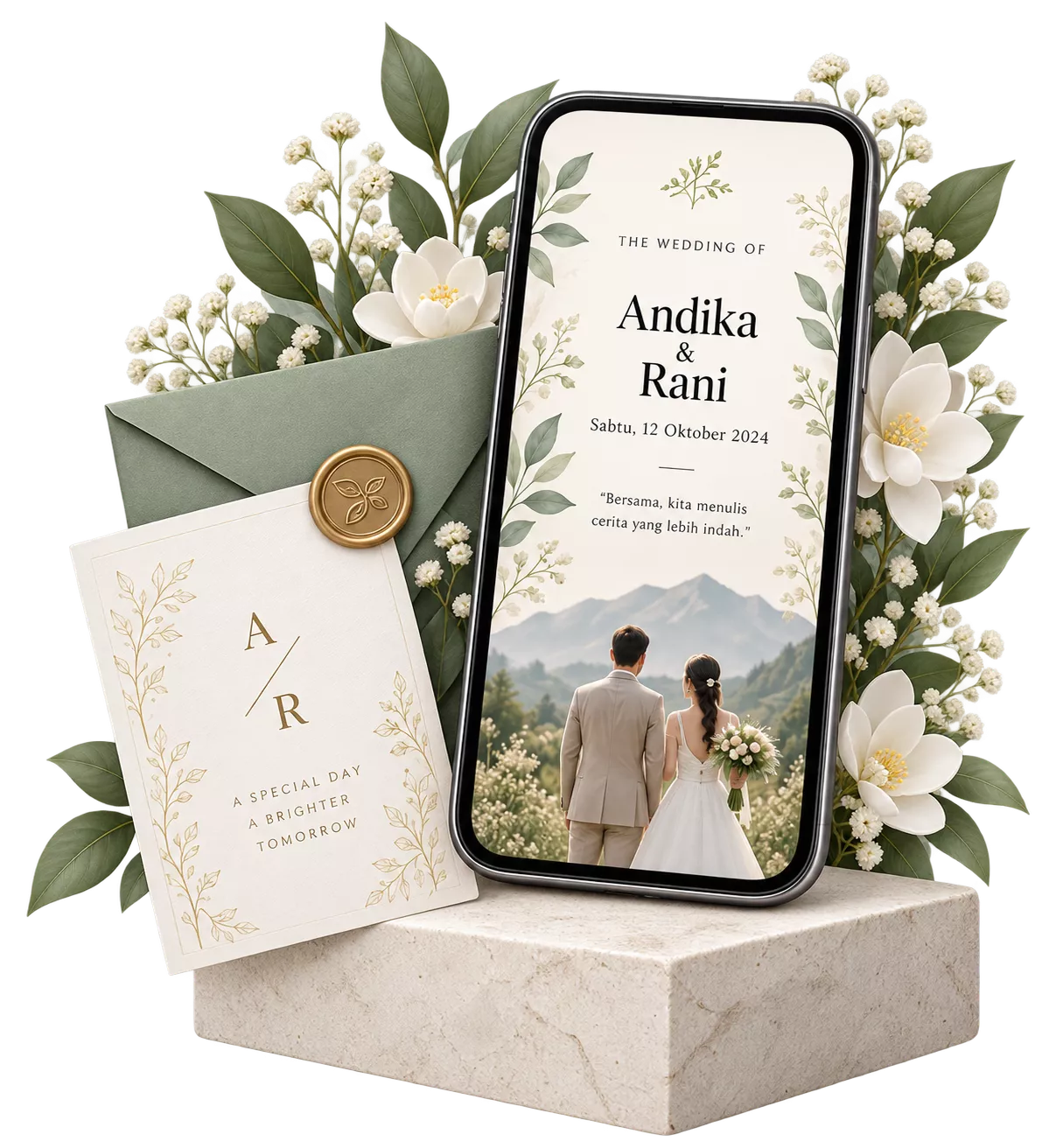 Mockup undangan pernikahan digital dengan bunga putih dan amplop hijau sage
